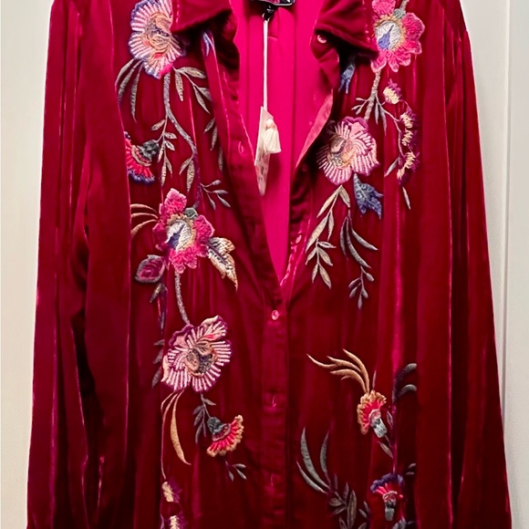 Johnny Was Burgundy Velvet Oversized Floral Blouse - Picture 6 of 7